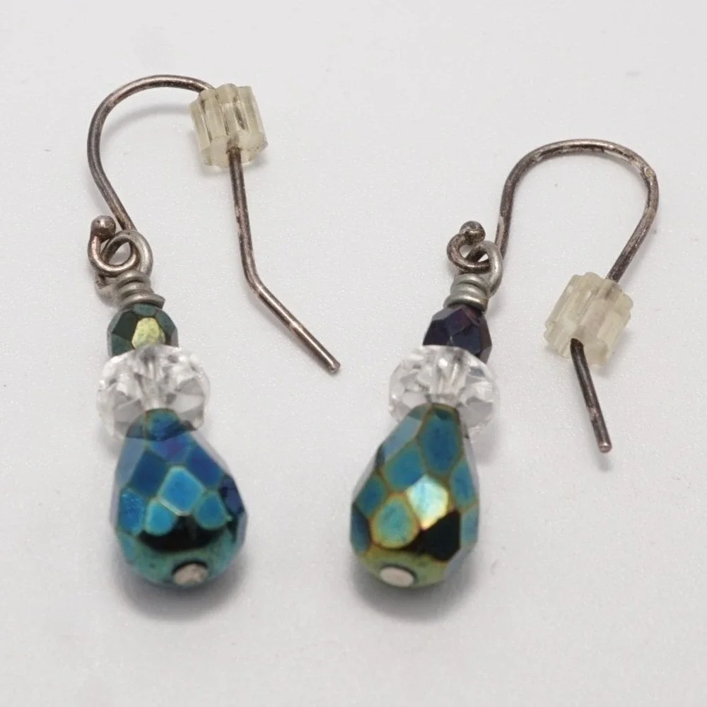 Sterling Silver Iridescent Peacock Blue Green Faceted Glass Teardrop Earrings